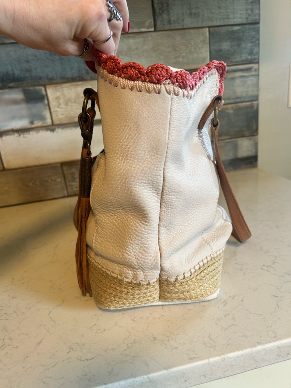 The Sak White Leather Shoulder Bag with Pink Embroidered Trim and Tan Braiding - Picture 10 of 16